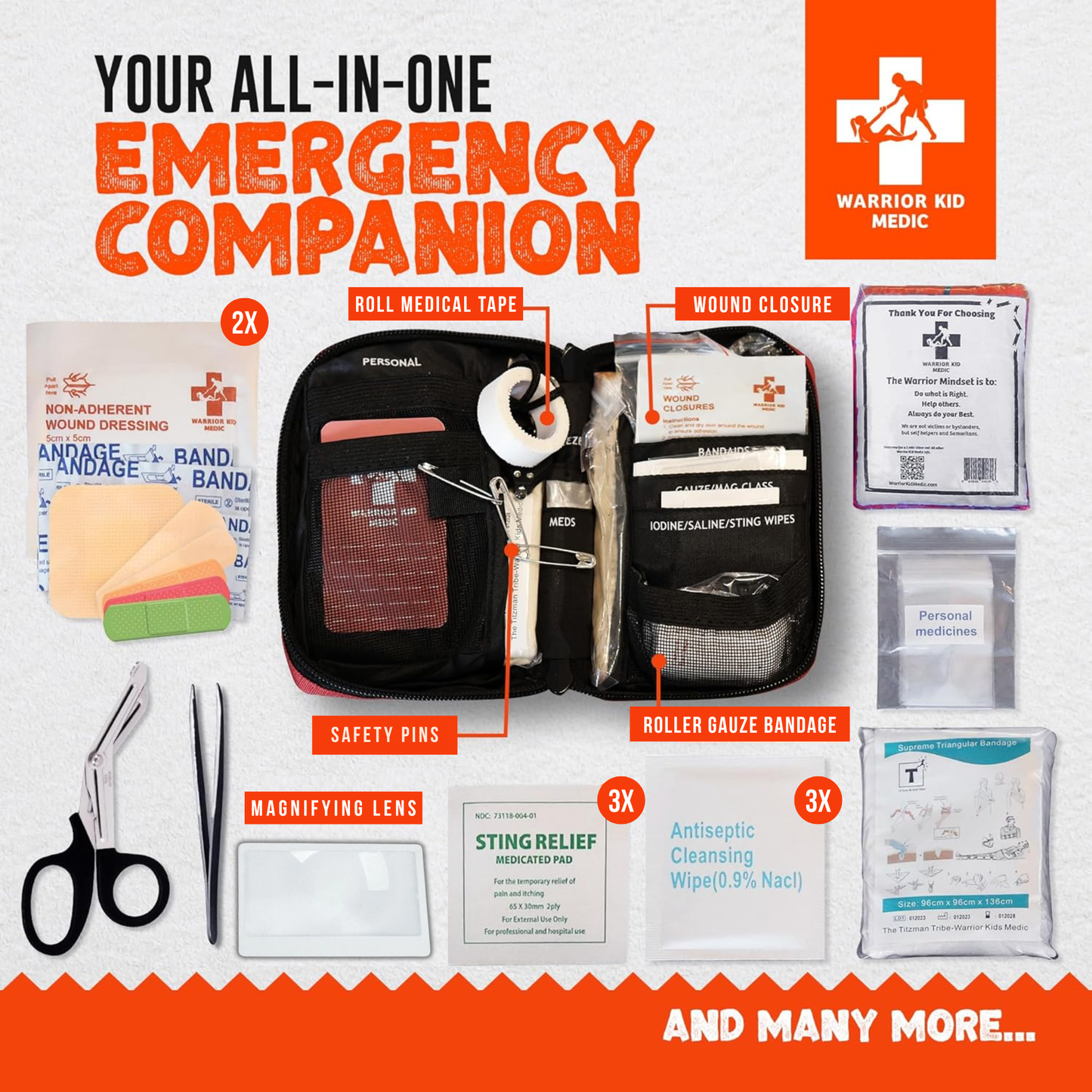 Warrior Kid Medic Compact First Aid Kit – Kid & Adult Friendly, Emergency Home, Travel & Outdoor Medical Supplies