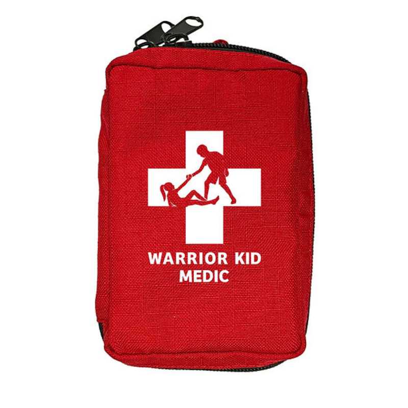 Red first aid kit with 'Warrior Kid Medic' logo 