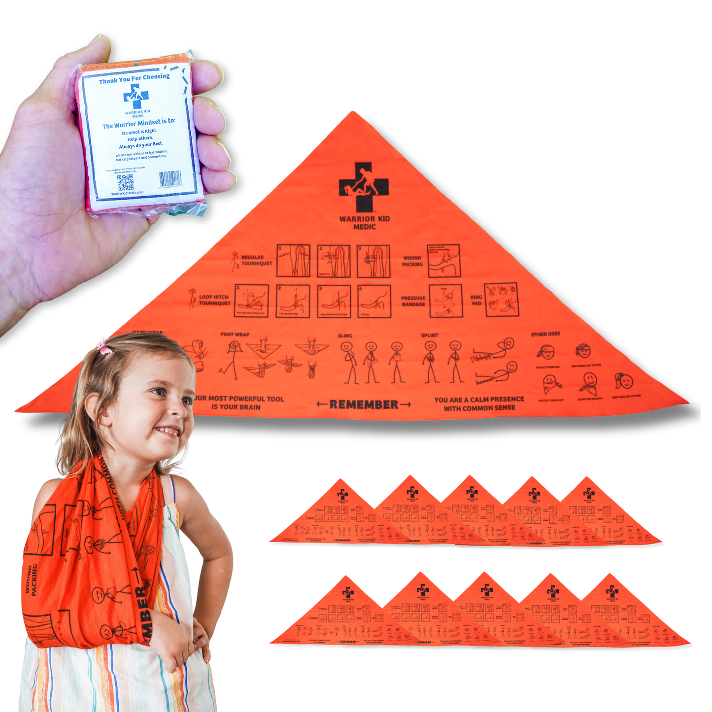 Warrior Kid Medic Triangular Bandage also has a 10 Pack Bundle. A Multi-tool bandage you can carry anywhere you go.